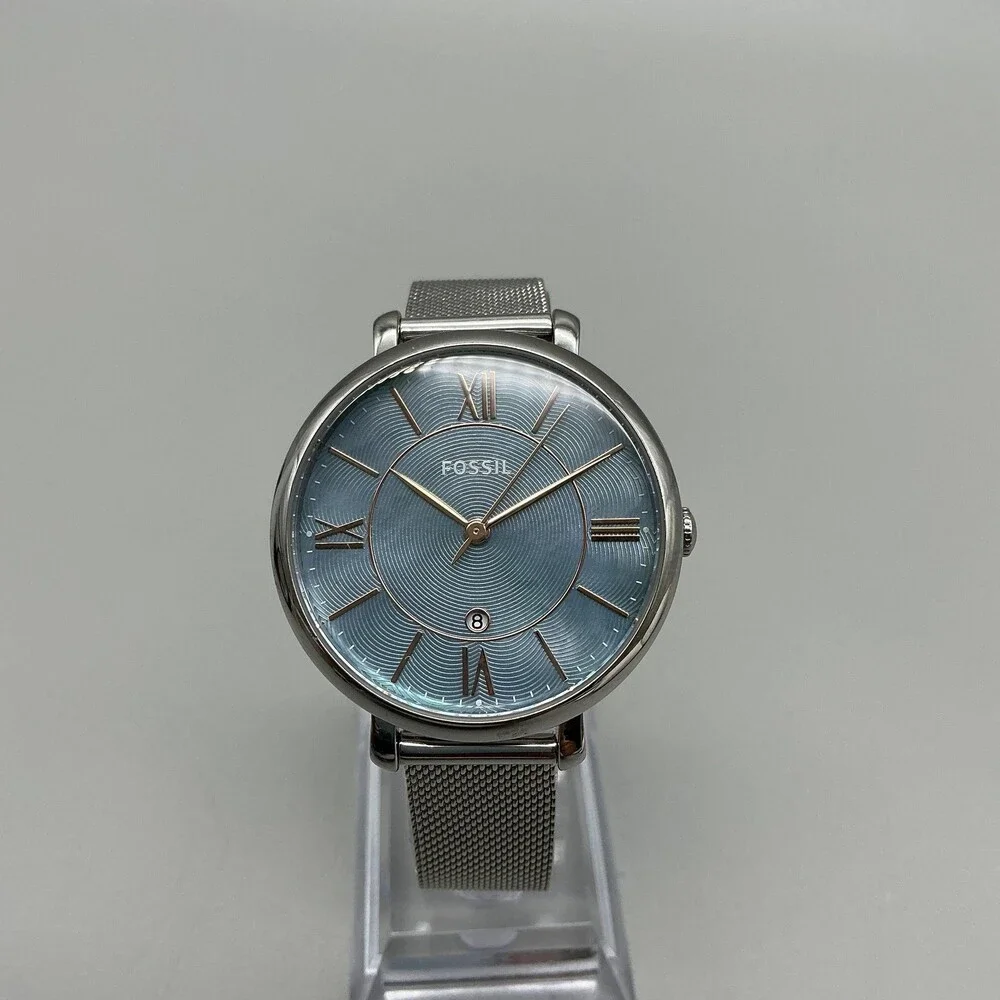 Fossil ES4322 Womens Watch 36mm Blue Dial Stainless Date Mesh Band New Battery